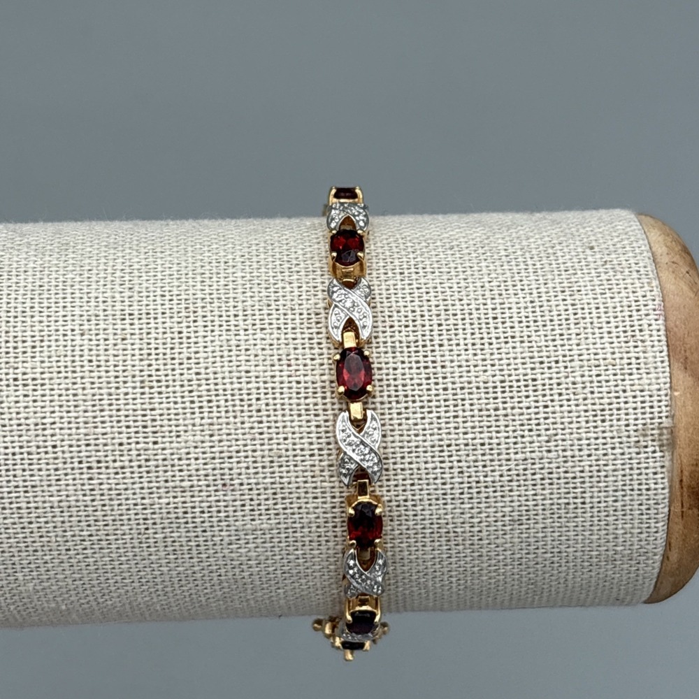 Tennis Bracelet & Earrings Set Garnets & Rhinestones Gold Tone Red Stunning GIFT - Picture 9 of 15